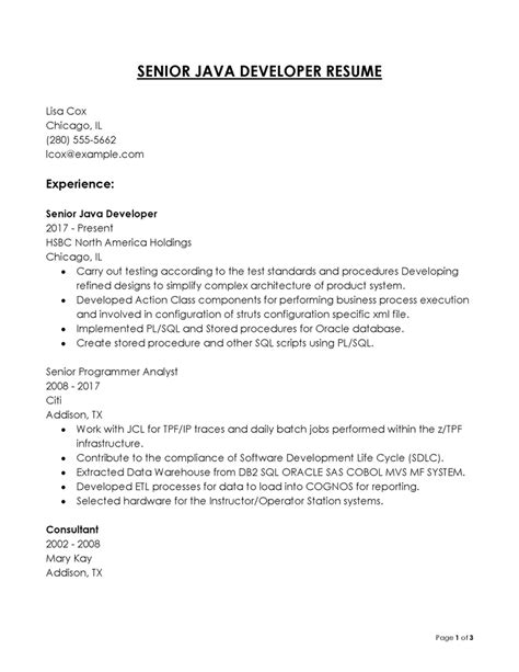 Image result for Single-Page Java Developer CV Format for Canadian Application