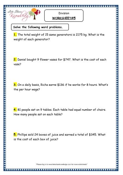 Image result for 4th Grade Division Word Problems Worksheet