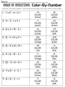 Toradh íomhá ar Order of Operations Color Sheet