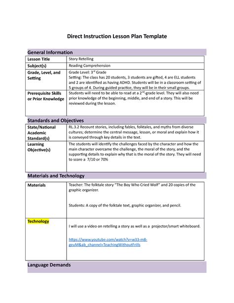 Toradh íomhá ar Example Direct Instruction Comprehension Lesson Plan Template