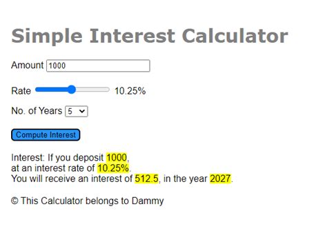 Toradh íomhá ar Simple Interest Calculator HTML Code