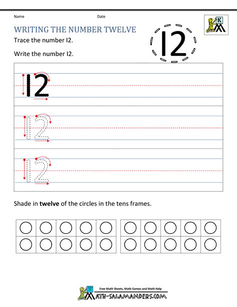 Toradh íomhá ar Number 12 Writing Practice Worksheet