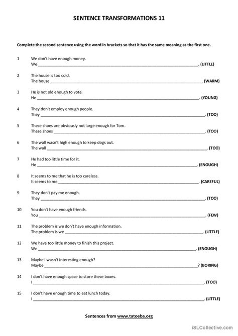Toradh íomhá ar Sentence Pattern Transformation Worksheets
