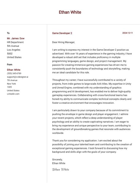 Image result for Game Developer Cover Letter