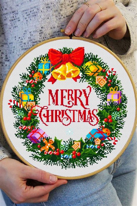 Merry Christmas Cross Stitch Pattern Download PDF Christmas Wreath ...