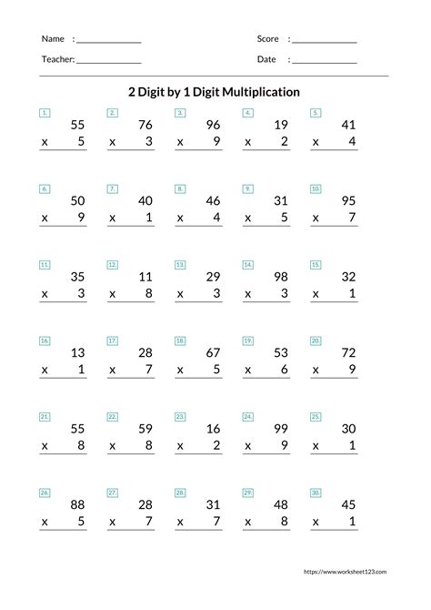 Image result for Multiplying 2 Digit Number by 1 Digit Number Worksheet