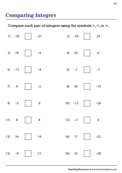 Image result for Comparing Integers Worksheet with Answers PDF