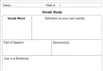 Image result for Vocabulary Study Worksheet