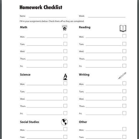 Image result for Homework Checklist First Grade