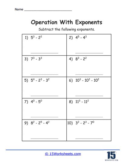 Image result for Add and Subtract Exponents Worksheet