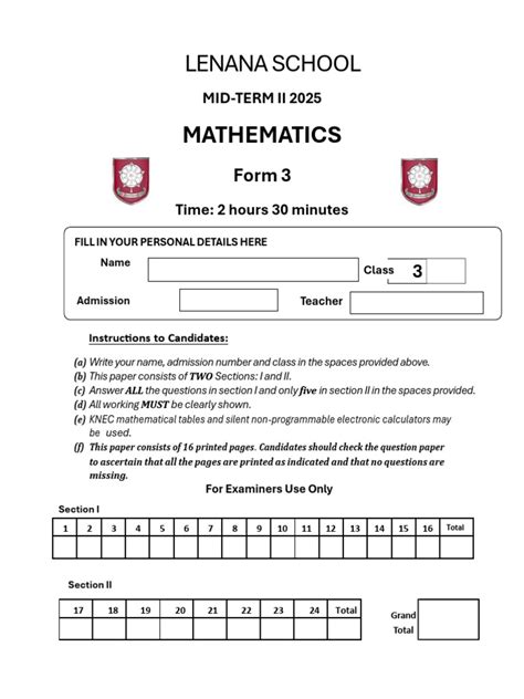 Image result for Mathematics Form 3 Question Paper Section B