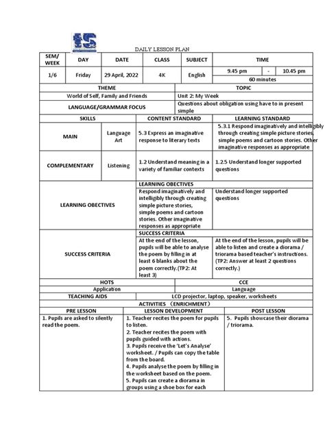 Toradh íomhá ar Daily Lesson Plan Sample
