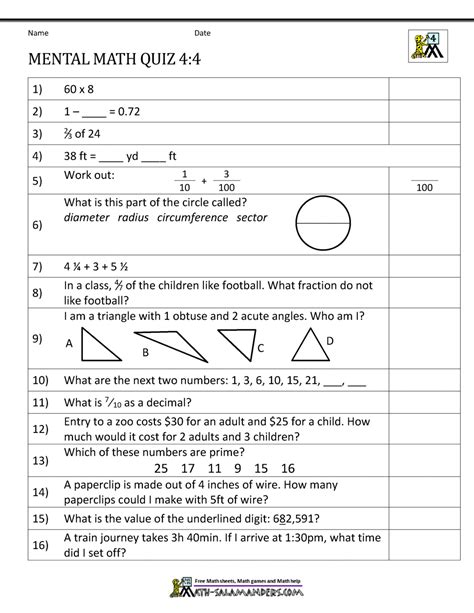 Image result for Math Test Page 4th Grade