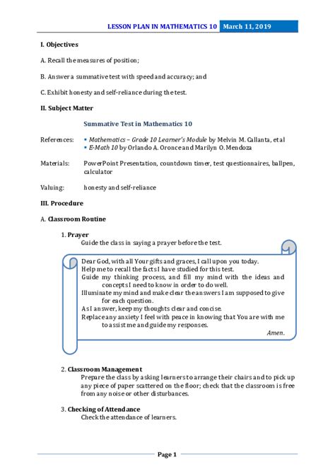 Toradh íomhá ar Sample Lesson Plan for Position Paper