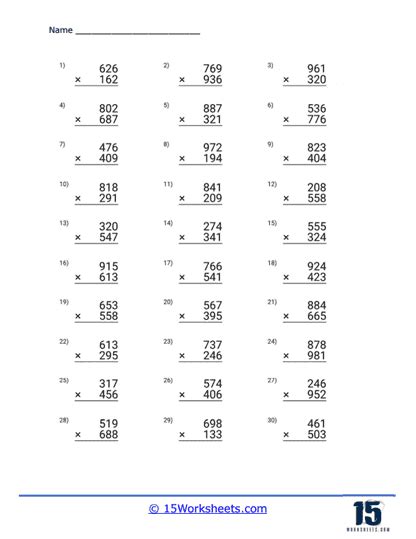 Image result for Standard Multiplication Algorithm Worksheet Double and Triple Digits