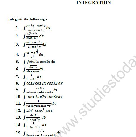 Integration Practice Sheet of Class 11 Mathematics Tools PDF に対する画像結果