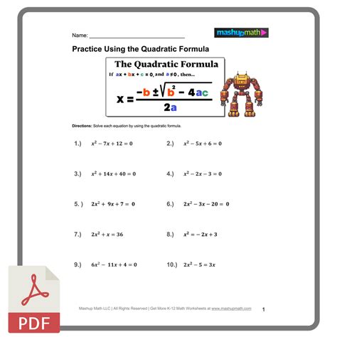 Image result for Quadratic Formula Math Worksheets