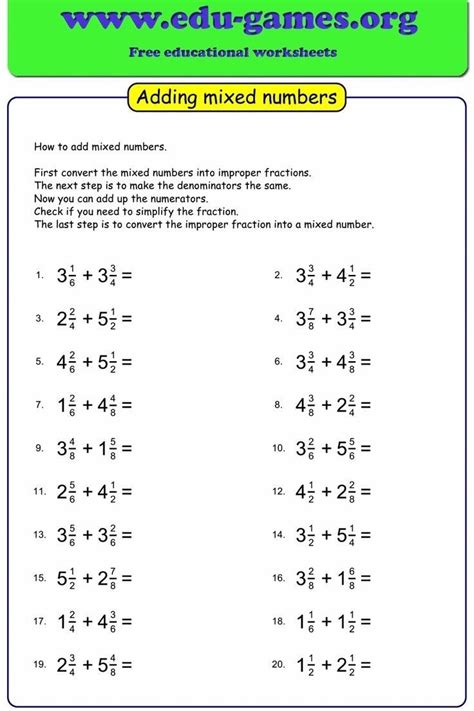 Toradh íomhá ar Adding Mixed Numbers Worksheet Answer Key