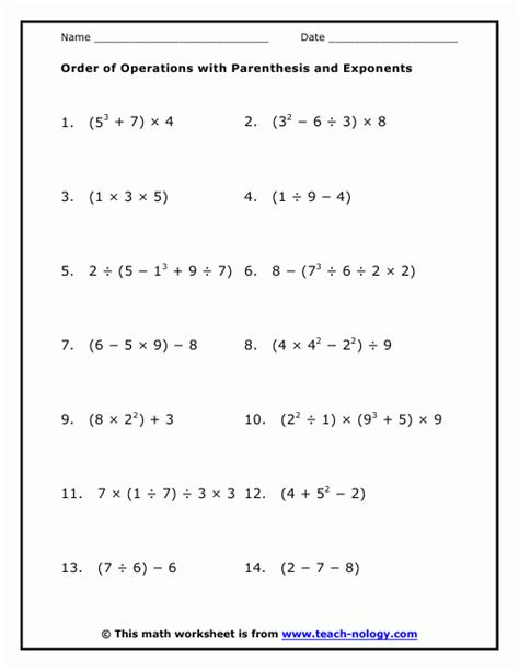 Toradh íomhá ar Exponents Order of Operations Worksheet with Answers