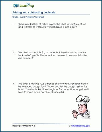 Toradh íomhá ar Decimal Word Problems Worksheet for Class 5