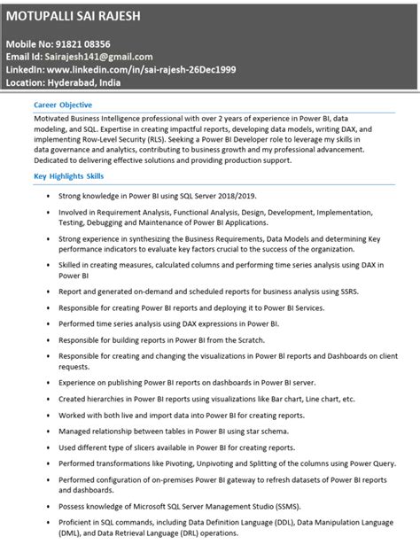 Resume for Power Bi Developer with SQL Server Management Studio に対する画像結果