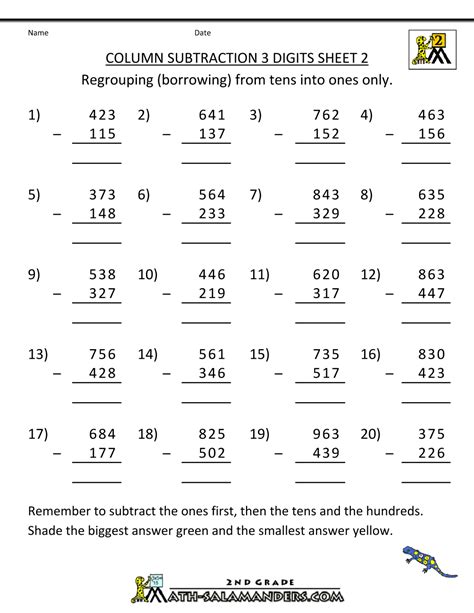 Image result for 2nd Grade Subtraction Math Questions