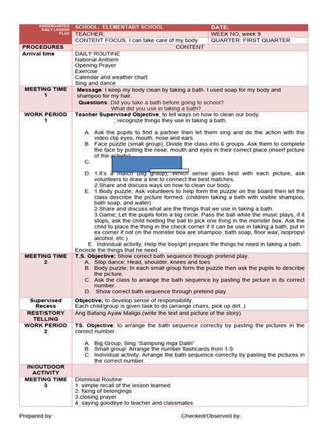 Toradh íomhá ar Daily Lesson Plan Sample