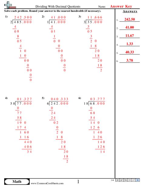 Divide Decimals Common Core Math Worksheets に対する画像結果