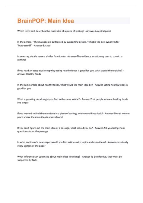 Image result for BrainPOP Main Idea Answer Key