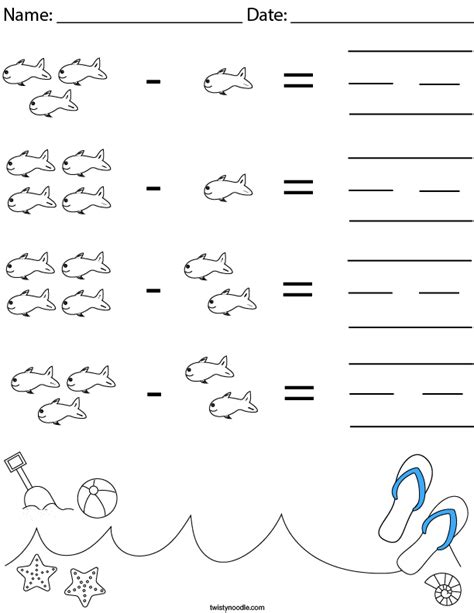Toradh íomhá ar Subtraction Fishing Worksheet