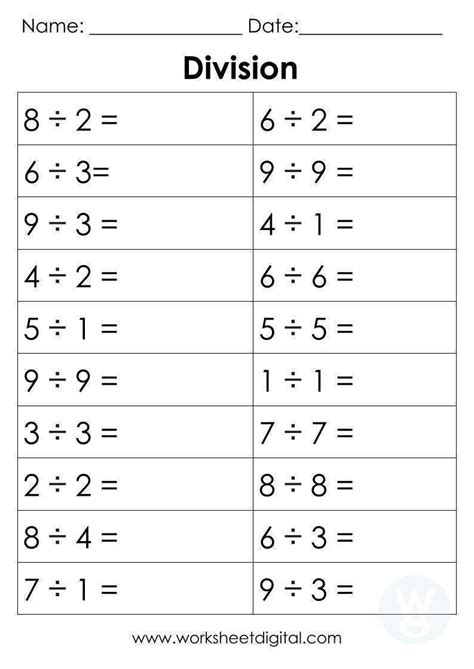 Division of 1 Digit Worksheet に対する画像結果