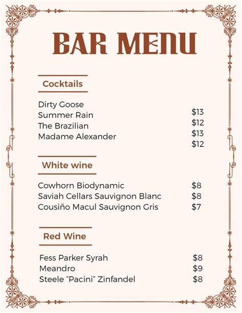 Image result for Typical Bar Menu