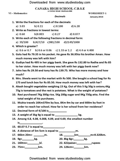 Decimal Worksheets Grade 6 に対する画像結果