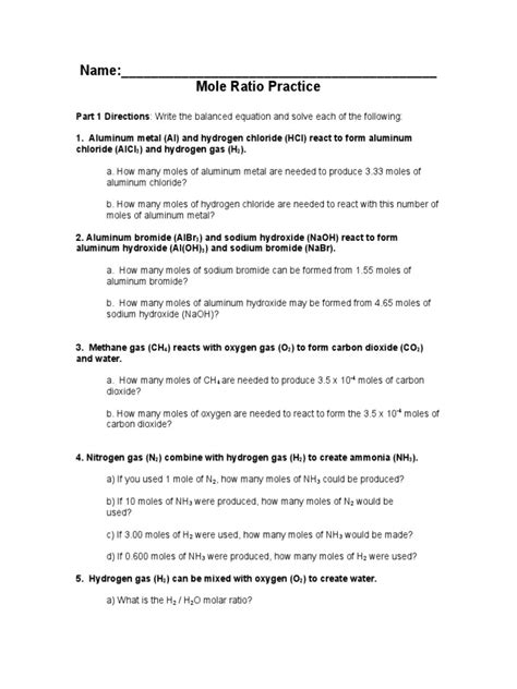 Image result for Mole Ratio Practice Problems