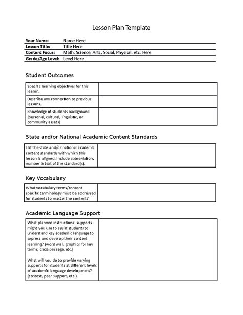 Toradh íomhá ar Grade 12 Lesson Plan Template