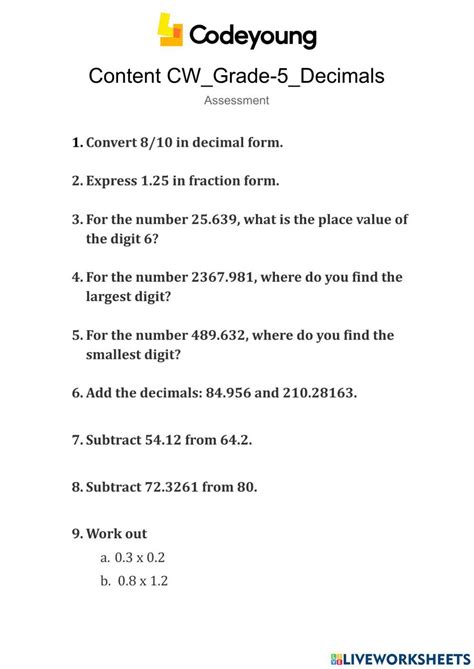 Toradh íomhá ar Decimal Word Problems Worksheet for Class 5