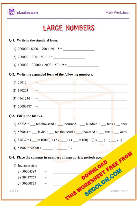 Image result for Large Numbers Class 5 Worksheet
