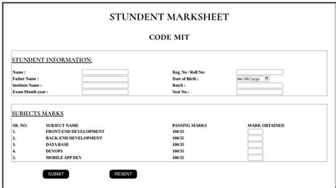 Image result for HTML Marksheet