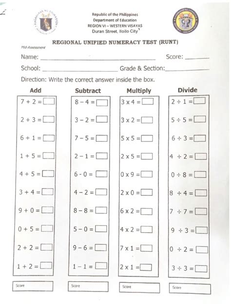 Image result for Numeracy Test Printable