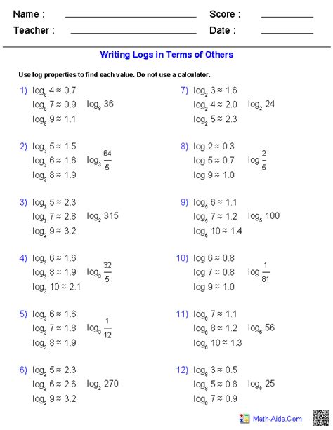 Image result for Logarithms Worksheet