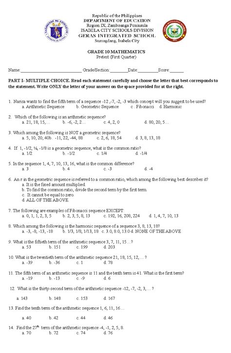 Image result for Mathematics Test Grade 10