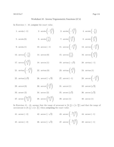 Image result for Inverse Trig Functions Worksheet.doc