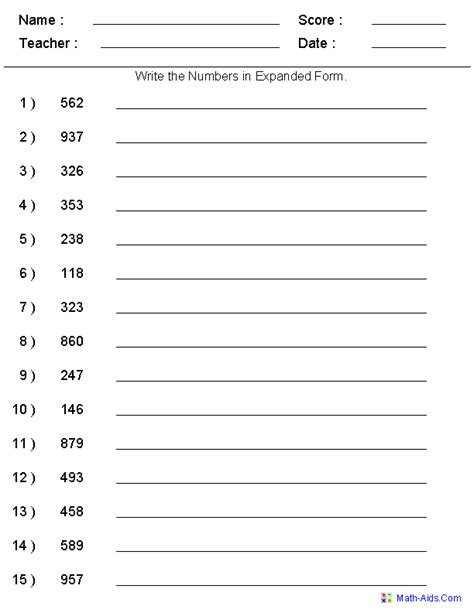 Expanded Form Math Worksheets - Printable Word Searches