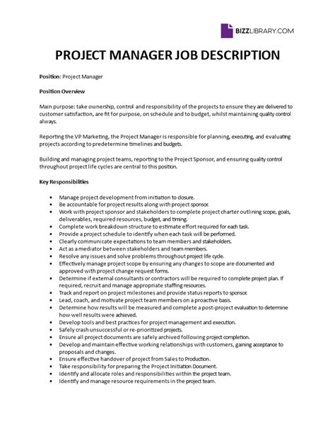 Toradh íomhá ar Project Management Job Description