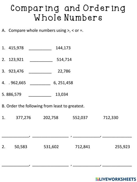 Toradh íomhá ar Compare and Order Whole Numbers Worksheet
