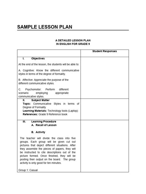 Image result for Lesson Plan Sample PDF