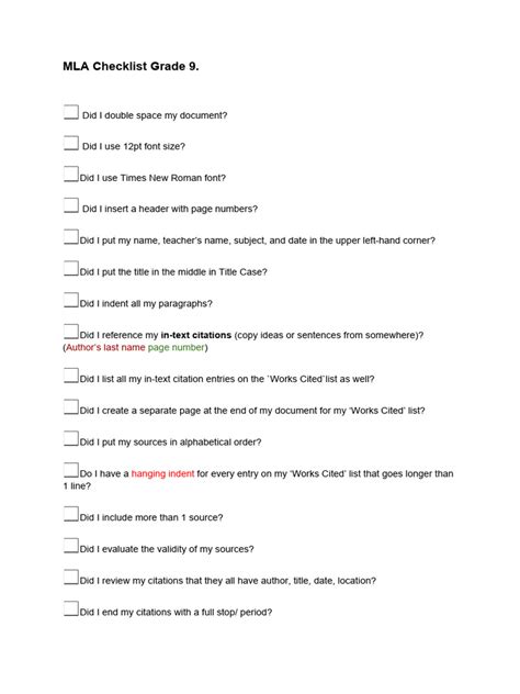 Image result for MLA Format Checklist