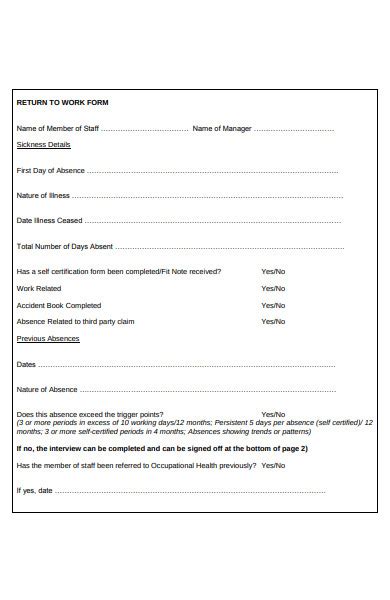 Image result for Back to Work Interview Form