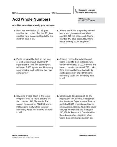 Toradh íomhá ar Whole Number Addition Worksheet PDF