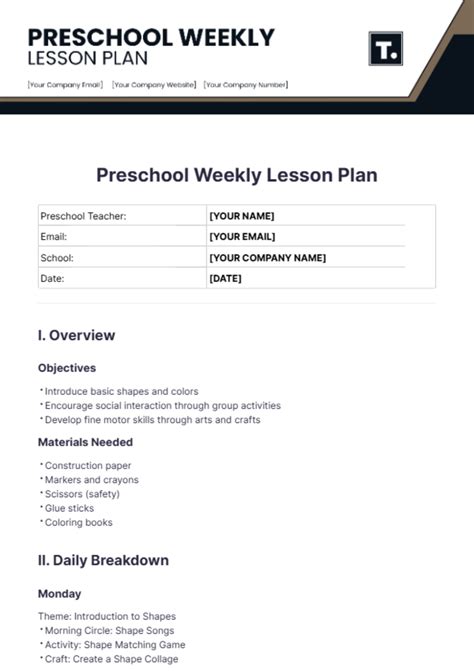 Image result for Weekly Lesson Plan for Preschool Sample